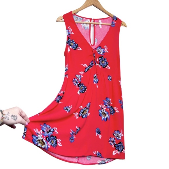 Xhilaration Red Floral Sleeveless V Neck Tie Front Dress Women Size Medium - Picture 4 of 16